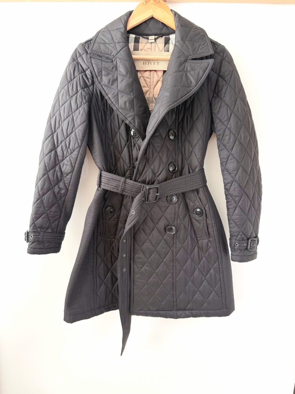 BURBERRY | Black‎ Quilted Double Breasted Trench Coat Belted Jacket Check Small - Picture 8 of 12
